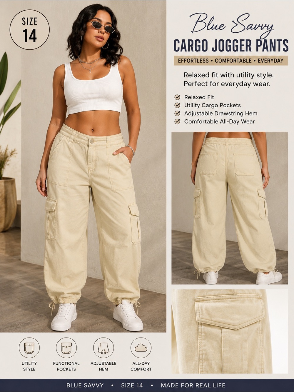 Blue Savvy Women's Cargo Jogger Pants in Cream - Relaxed Fit